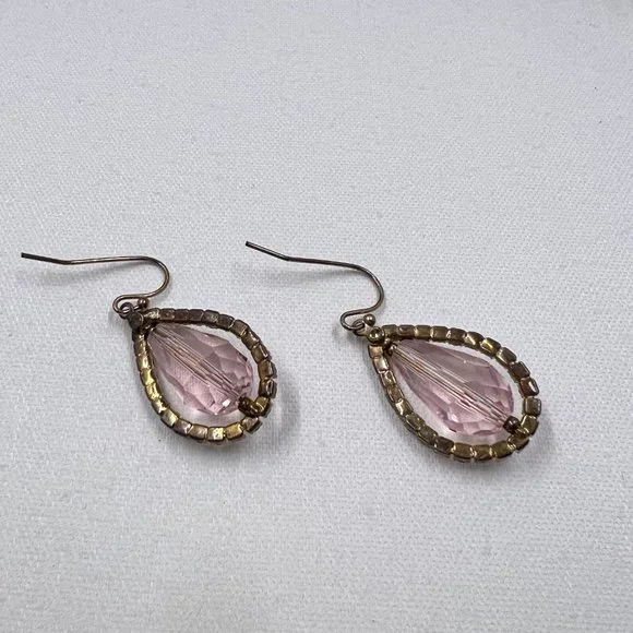 Blush Color Large Faceted Teardrop and Rhinestone 1.25” Gold Tone Earrings - Picture 4 of 5